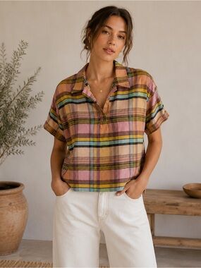 Ace & Jig Plaid Woven Cotton Pullover Top Pink Tan Blue Boxy Short Sleeve